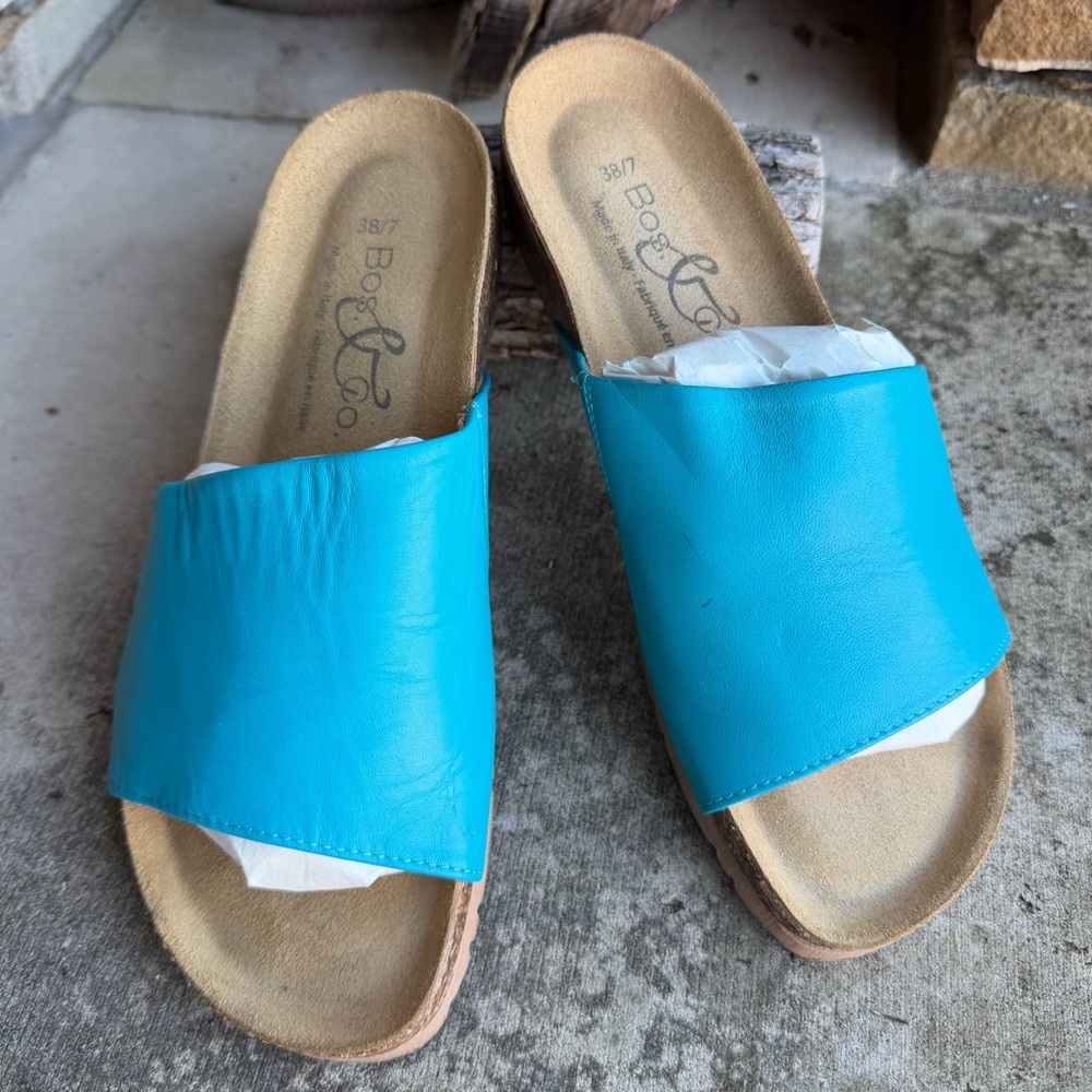 Bos & Co Lux Slide Leather Sandal with Cork‎ footbed in Teal Sz-38(US 7).   W